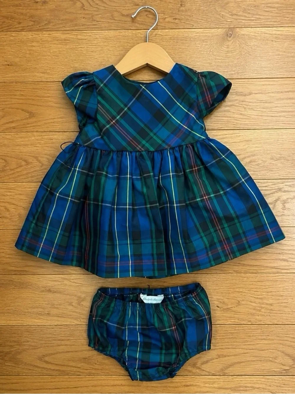 Ralph Lauren Baby Girl 3M Blue Green Plaid Taffeta Dress Bloomers 2 Piece Set